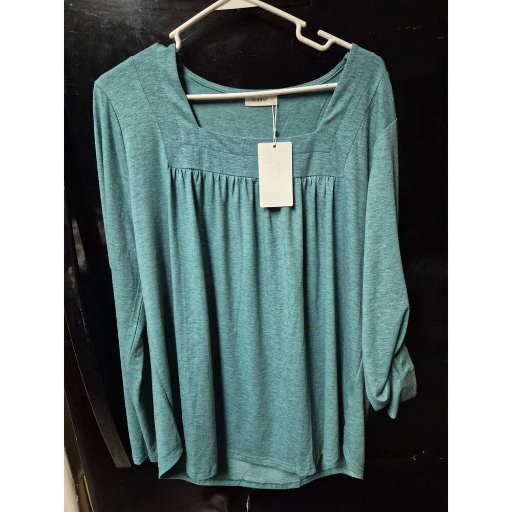 Siddhe Women's Green Knit Square Neck Roll Tab 3/4 Sleeve Blouse XL
